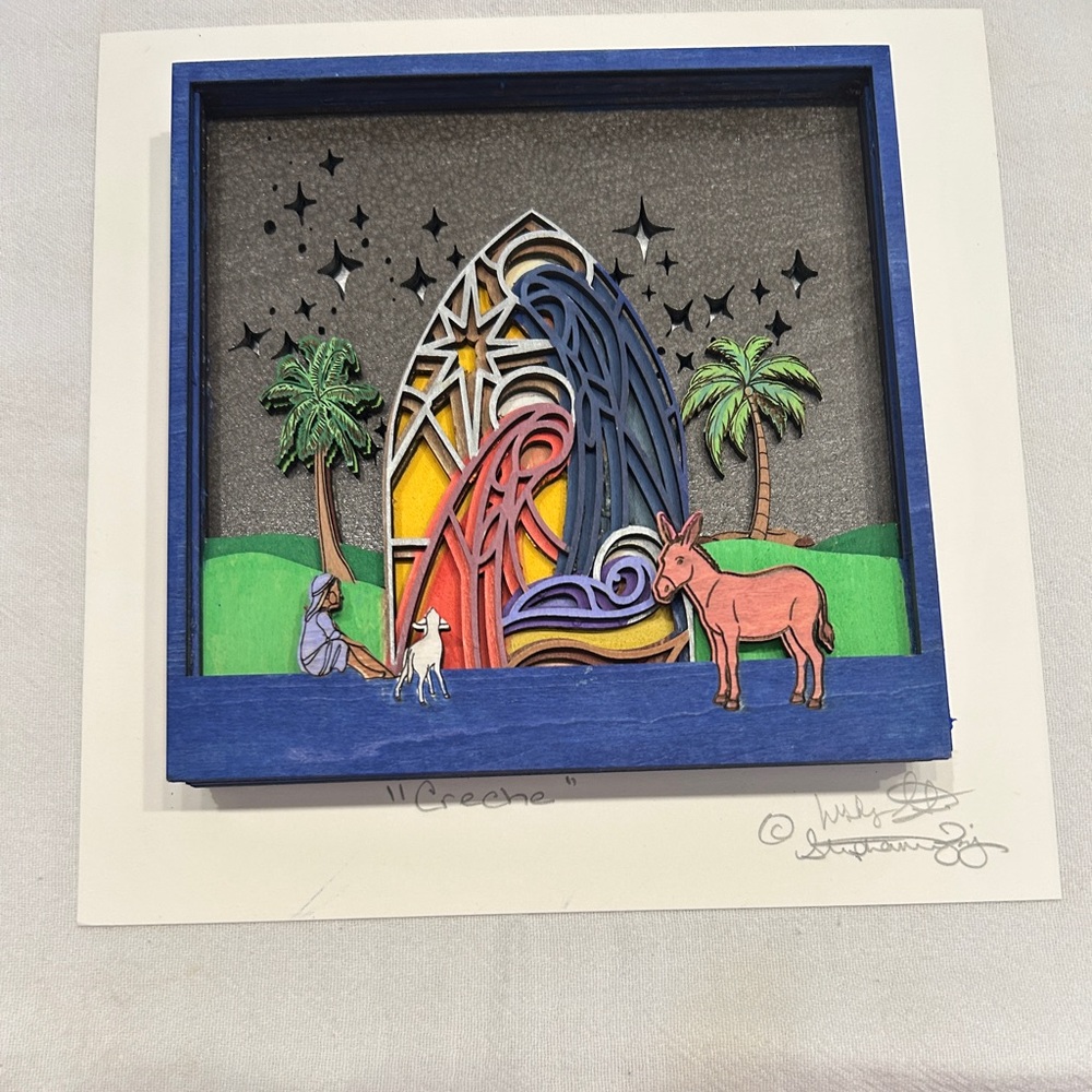 Framed Three Dimensional Hand Painted Crèche 8”x8”